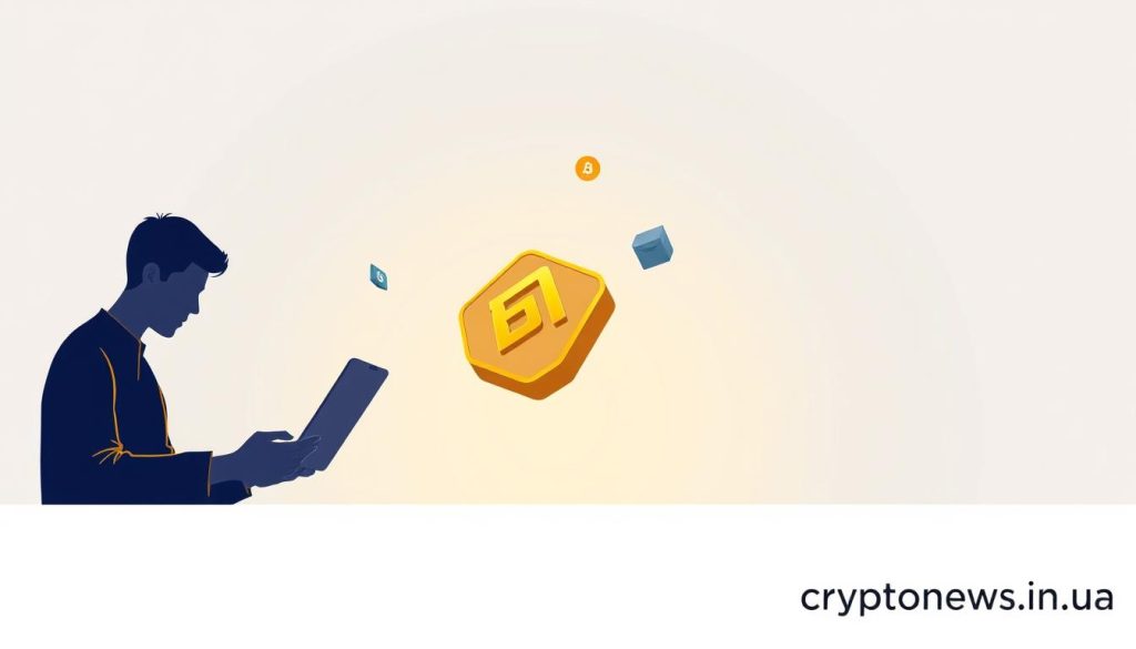 A modern, minimalist illustration of a person investing on the Binance cryptocurrency exchange platform. Set against a clean, light background, the foreground features a focused individual using a laptop or tablet, their face obscured but their hands and body language conveying a sense of intention and concentration. In the middle ground, a floating Binance logo and abstract cryptocurrency symbols hover, suggesting the digital nature of the investment process. The overall mood is one of calm, professional focus, with soft, diffused lighting casting a subtle glow. The image should convey a sense of preparation and readiness for investing on Binance. Include the text "cryptonews.in.ua" unobtrusively in the bottom right corner. A modern, minimalist illustration of a person investing on the Binance cryptocurrency exchange platform. Set against a clean, light background, the foreground features a focused individual using a laptop or tablet, their face obscured but their hands and body language conveying a sense of intention and concentration. In the middle ground, a floating Binance logo and abstract cryptocurrency symbols hover, suggesting the digital nature of the investment process. The overall mood is one of calm, professional focus, with soft, diffused lighting casting a subtle glow. The image should convey a sense of preparation and readiness for investing on Binance. Include the text "cryptonews.in.ua" unobtrusively in the bottom right corner.