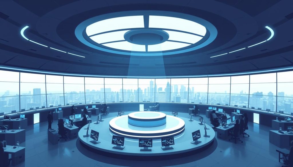 A modern, minimalist illustration of a stock exchange or trading floor, with a focus on the central trading platform. Set in a sleek, futuristic interior with clean lines, muted tones, and subtle lighting. Featuring a central circular desk or platform, surrounded by rows of computer monitors and traders, all bathed in a cool, blue-tinged lighting. In the background, large windows offer a panoramic view of a city skyline. The overall atmosphere is one of efficiency, precision, and technological sophistication. cryptonews.in.ua A modern, minimalist illustration of a stock exchange or trading floor, with a focus on the central trading platform. Set in a sleek, futuristic interior with clean lines, muted tones, and subtle lighting. Featuring a central circular desk or platform, surrounded by rows of computer monitors and traders, all bathed in a cool, blue-tinged lighting. In the background, large windows offer a panoramic view of a city skyline. The overall atmosphere is one of efficiency, precision, and technological sophistication. cryptonews.in.ua