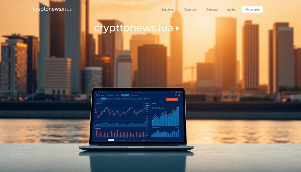 A modern, minimalist investment website with a clean, elegant layout. The homepage features a large hero image showcasing a city skyline with skyscrapers and a serene river in the foreground. In the middle ground, there is a sleek laptop displaying financial data and charts, hinting at the site's analytical capabilities. The background is bathed in warm, golden lighting, creating a sense of professionalism and trustworthiness. The website's brand name "cryptonews.in.ua" is discreetly displayed in the top-left corner. The overall aesthetic conveys a balance of technology, finance, and a user-friendly experience. A modern, minimalist investment website with a clean, elegant layout. The homepage features a large hero image showcasing a city skyline with skyscrapers and a serene river in the foreground. In the middle ground, there is a sleek laptop displaying financial data and charts, hinting at the site's analytical capabilities. The background is bathed in warm, golden lighting, creating a sense of professionalism and trustworthiness. The website's brand name "cryptonews.in.ua" is discreetly displayed in the top-left corner. The overall aesthetic conveys a balance of technology, finance, and a user-friendly experience.