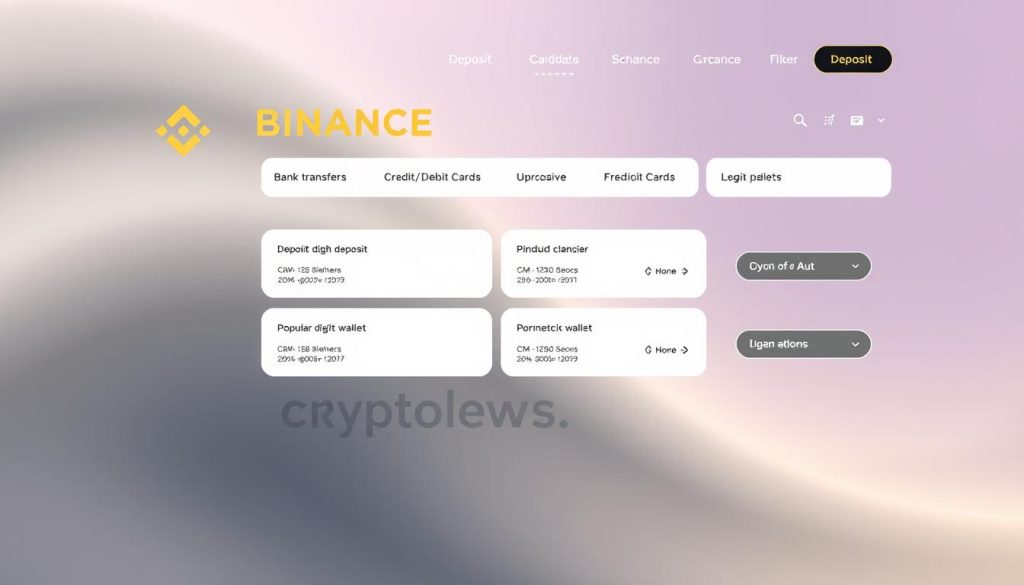 A modern, sleek cryptocurrency exchange interface with various deposit methods prominently displayed. Smooth gradients, clean typography, and minimal design elements create a visually appealing and informative presentation. Clients can easily see options to deposit via bank transfer, credit/debit card, or popular digital wallets. The Binance logo is subtly integrated, along with the cryptonews.in.ua branding. The overall atmosphere conveys a sense of security, accessibility, and user-friendly experience for crypto enthusiasts.