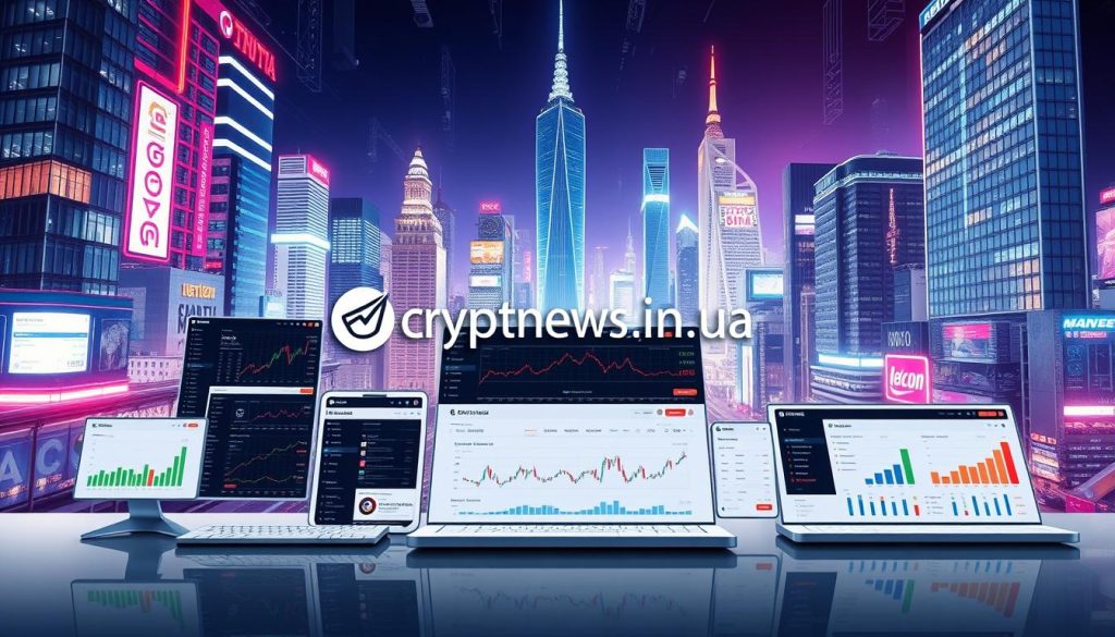 A modern, sleek investment platform set against a backdrop of a dynamic, digital cityscape. The foreground features an array of user-friendly investment tools and dashboards, with intuitive interfaces and clean visualizations. The middle ground showcases a diverse range of investment options, including stocks, bonds, cryptocurrencies, and real estate. The background is a vibrant, tech-forward environment with towering skyscrapers, neon lights, and a sense of futuristic energy. Lighting is crisp and clear, with a balanced use of shadows to create depth and dimension. The overall mood is one of confidence, innovation, and accessibility, catering to both experienced and novice investors. The image prominently features the "cryptonews.in.ua" brand. A modern, sleek investment platform set against a backdrop of a dynamic, digital cityscape. The foreground features an array of user-friendly investment tools and dashboards, with intuitive interfaces and clean visualizations. The middle ground showcases a diverse range of investment options, including stocks, bonds, cryptocurrencies, and real estate. The background is a vibrant, tech-forward environment with towering skyscrapers, neon lights, and a sense of futuristic energy. Lighting is crisp and clear, with a balanced use of shadows to create depth and dimension. The overall mood is one of confidence, innovation, and accessibility, catering to both experienced and novice investors. The image prominently features the "cryptonews.in.ua" brand.