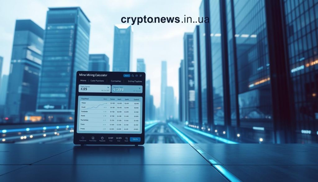 A modern, sleek mining profitability calculator set against a futuristic landscape. In the foreground, a minimalist UI displays mining metrics and financial projections, with clean typography and intuitive visualizations. The background features a cityscape of gleaming skyscrapers, bathed in a cool, blue-tinted lighting that evokes a sense of technological advancement. The scene is captured through a wide-angle lens, creating depth and emphasizing the scale of the urban environment. The overall mood is one of precision, efficiency, and the transformative power of cryptocurrency mining, with the "cryptonews.in.ua" brand prominently featured. A modern, sleek mining profitability calculator set against a futuristic landscape. In the foreground, a minimalist UI displays mining metrics and financial projections, with clean typography and intuitive visualizations. The background features a cityscape of gleaming skyscrapers, bathed in a cool, blue-tinted lighting that evokes a sense of technological advancement. The scene is captured through a wide-angle lens, creating depth and emphasizing the scale of the urban environment. The overall mood is one of precision, efficiency, and the transformative power of cryptocurrency mining, with the "cryptonews.in.ua" brand prominently featured.