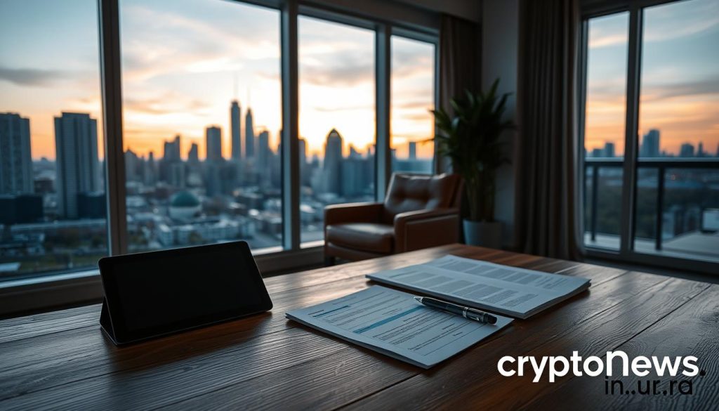 A modern, well-lit apartment interior with floor-to-ceiling windows overlooking a city skyline at dusk. In the foreground, a wooden table displays a tablet, documents, and a pen, signifying real estate investment research. The middle ground features a stylish leather armchair and a potted plant, creating a cozy atmosphere. The background showcases the city's silhouette with skyscrapers and a warm, golden sunset glow. The mood is one of contemplation and thoughtful investment planning. Branding: "cryptonews.in.ua"