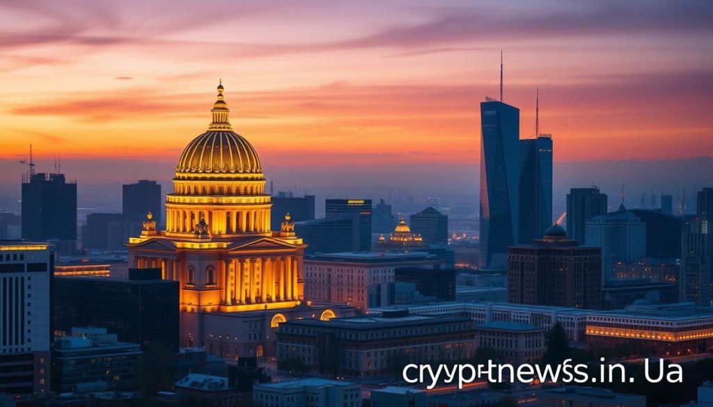 A panoramic view of a modern city skyline at dusk, with the iconic golden-domed building of the Russian Central Bank prominently featured in the center. The warm, golden lighting casts a dreamlike glow over the scene, highlighting the intricate architectural details of the building. The surrounding skyscrapers and high-rise structures are bathed in a mix of blues and purples, creating a sense of depth and atmospheric perspective. The sky is painted in shades of orange and pink, signaling the approach of nightfall. In the foreground, there is a small cryptonews.in.ua logo, subtly integrated into the cityscape. The overall mood is one of economic prosperity and stability, reflective of the "Рыночные условия и экономические перспективы 2025 года" theme.