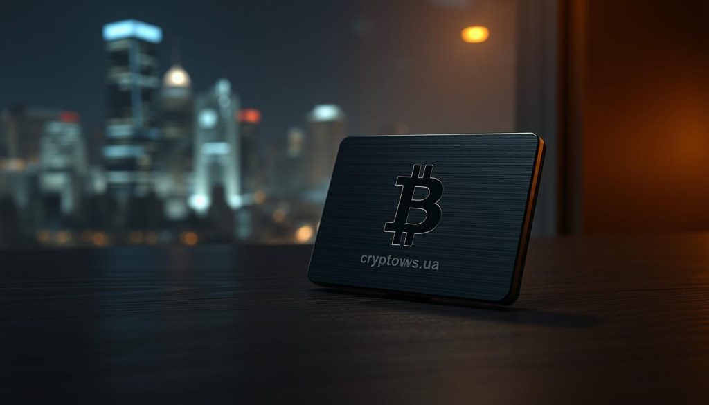 A photorealistic image of a secure Bitcoin wallet on a dark wooden surface, softly illuminated by a warm directional light. The wallet is meticulously detailed, with a sleek, minimalist design in matte black metal. Subtle reflections dance across its surface, conveying a sense of quality and reliability. In the background, a blurred cityscape at night suggests the digital nature of cryptocurrency, with the cryptonews.in.ua brand discretely visible. The overall composition and mood evoke a feeling of trust, security, and the responsible management of digital assets.