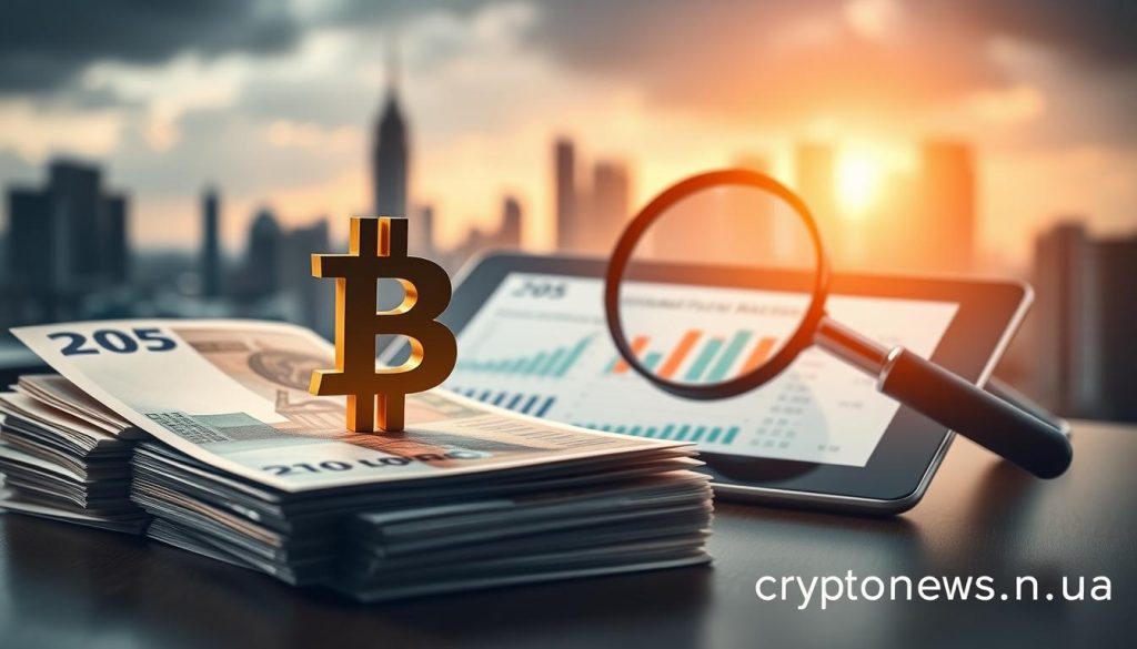 A professional, highly detailed financial report depicting the taxation of cryptocurrency transactions. In the foreground, a stack of Euro bills and a 3D model of a Bitcoin cryptocurrency symbol, illuminated by warm, directional lighting. In the middle ground, a magnifying glass examining a tablet displaying financial calculations and charts. In the background, a blurred cityscape with skyscrapers silhouetted against a moody, atmospheric sky. The overall aesthetic is one of seriousness, precision, and technical expertise. Branding for "cryptonews.in.ua" should be subtly incorporated. A professional, highly detailed financial report depicting the taxation of cryptocurrency transactions. In the foreground, a stack of Euro bills and a 3D model of a Bitcoin cryptocurrency symbol, illuminated by warm, directional lighting. In the middle ground, a magnifying glass examining a tablet displaying financial calculations and charts. In the background, a blurred cityscape with skyscrapers silhouetted against a moody, atmospheric sky. The overall aesthetic is one of seriousness, precision, and technical expertise. Branding for "cryptonews.in.ua" should be subtly incorporated.