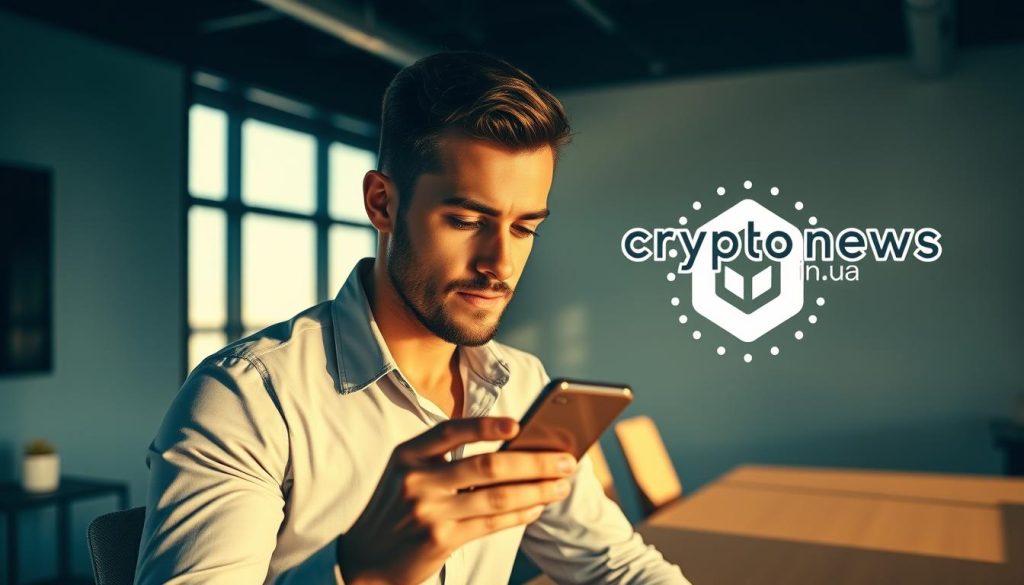 A professional man in a modern office, casually dressed, intently focused on his smartphone, with a cryptocurrency trading app displayed on the screen. The scene is bathed in warm, directional lighting, casting dramatic shadows and highlights across the subject's face and the sleek, minimalist workspace. In the background, a stylized cryptonews.in.ua logo hovers subtly, reinforcing the theme of cryptocurrency earnings on a mobile device. A professional man in a modern office, casually dressed, intently focused on his smartphone, with a cryptocurrency trading app displayed on the screen. The scene is bathed in warm, directional lighting, casting dramatic shadows and highlights across the subject's face and the sleek, minimalist workspace. In the background, a stylized cryptonews.in.ua logo hovers subtly, reinforcing the theme of cryptocurrency earnings on a mobile device.