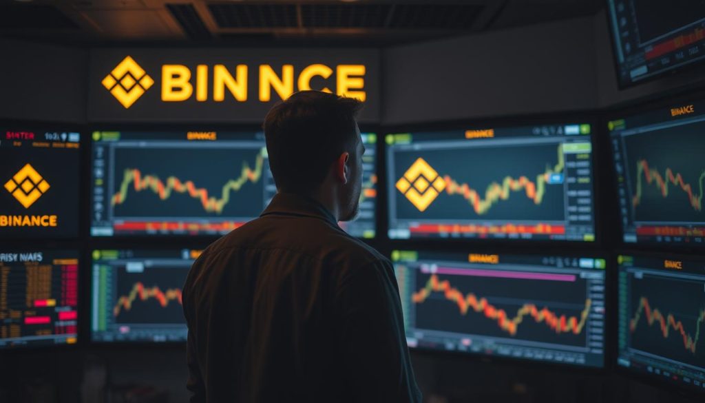 A professional trader standing in a trading room, intently monitoring multiple screens displaying real-time Binance exchange data. The room is dimly lit, creating a focused, serious atmosphere. The trader's expression is one of calculated contemplation, as they meticulously analyze risk factors and strategize their next move. Subtle Binance branding elements are visible, blending seamlessly into the scene. The overall image conveys the importance of risk management in successful Binance investing, as outlined in the article "cryptonews.in.ua". A professional trader standing in a trading room, intently monitoring multiple screens displaying real-time Binance exchange data. The room is dimly lit, creating a focused, serious atmosphere. The trader's expression is one of calculated contemplation, as they meticulously analyze risk factors and strategize their next move. Subtle Binance branding elements are visible, blending seamlessly into the scene. The overall image conveys the importance of risk management in successful Binance investing, as outlined in the article "cryptonews.in.ua".