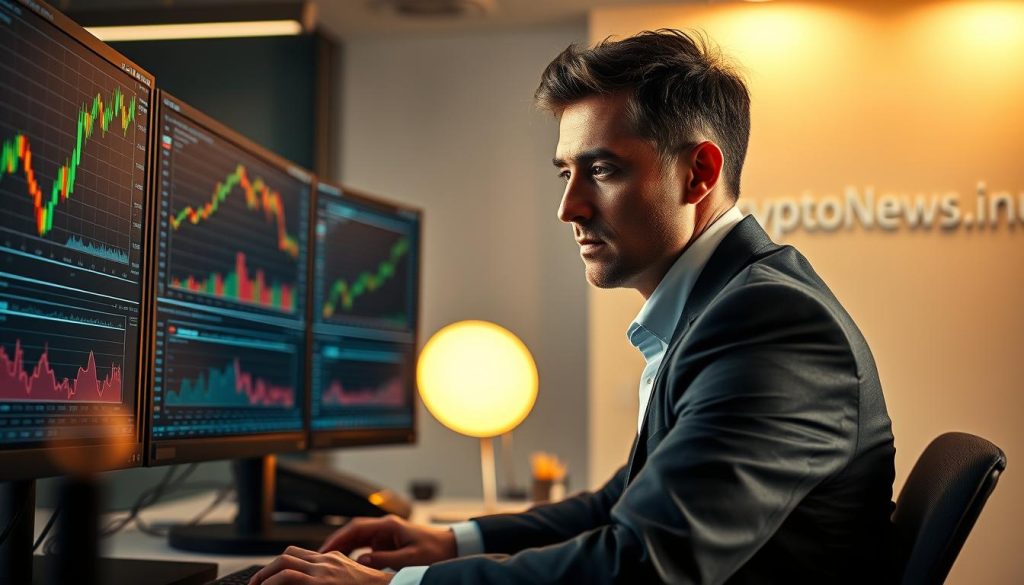 A professional, well-dressed crypto analyst sits at a desk, closely examining financial charts on multiple high-resolution monitors. The lighting is warm and focused, creating a sense of concentration and intensity. The analyst's expression is one of deep contemplation, brow furrowed as they make insightful observations. The background is a modern, minimalist office space, with clean lines and subtle branding for "cryptonews.in.ua" visible. The scene conveys an atmosphere of expertise, diligence, and the pursuit of valuable market insights.