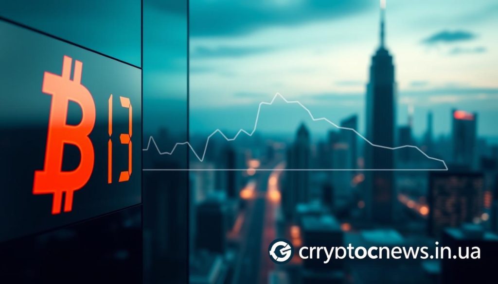 A real-time, high-contrast display of the current Bitcoin exchange rate, rendered in a sleek, minimalist aesthetic. The foreground features a large, boldly-colored digital readout of the BTC/USD price, with subtle glowing edges that convey a sense of energy and dynamism. The middle ground showcases a line graph tracing the Bitcoin price trajectory over the past 24 hours, rendered in a clean, data-visualization style. The background depicts a blurred cityscape, hinting at the global nature of cryptocurrency markets. The entire scene is bathed in a cool, technological color palette, creating a sense of authority and professionalism. Prominently displayed in the bottom right corner is the cryptonews.in.ua brand name. A real-time, high-contrast display of the current Bitcoin exchange rate, rendered in a sleek, minimalist aesthetic. The foreground features a large, boldly-colored digital readout of the BTC/USD price, with subtle glowing edges that convey a sense of energy and dynamism. The middle ground showcases a line graph tracing the Bitcoin price trajectory over the past 24 hours, rendered in a clean, data-visualization style. The background depicts a blurred cityscape, hinting at the global nature of cryptocurrency markets. The entire scene is bathed in a cool, technological color palette, creating a sense of authority and professionalism. Prominently displayed in the bottom right corner is the cryptonews.in.ua brand name.