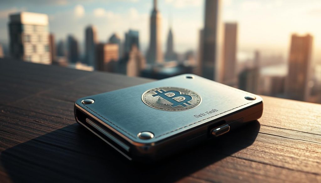 A secure, physical bitcoin wallet rests on a dark wooden surface, casting a subtle shadow. The wallet's metallic casing gleams under warm, directional lighting, conveying a sense of solidity and protection. In the background, a blurred cityscape symbolizes the digital realm of cryptocurrency, while the foreground emphasizes the importance of offline storage for cryptonews.in.ua. The image captures the balance between the virtual and tangible aspects of Bitcoin, highlighting the key considerations for responsible digital asset storage.