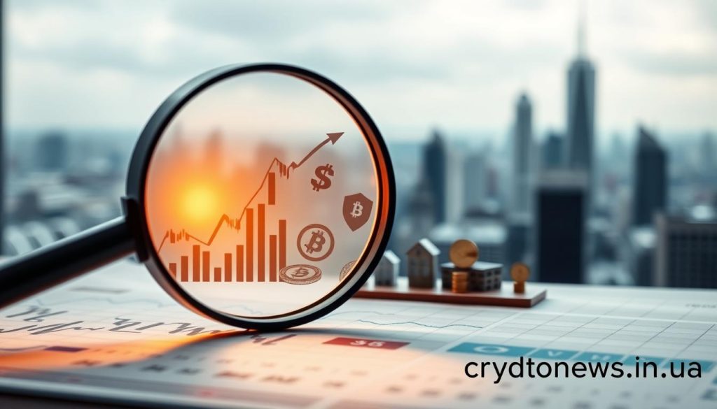 A serene and professional image of investment strategies for beginners. In the foreground, a magnifying glass hovers over a financial chart, casting a warm glow. In the middle ground, a variety of investment icons - stocks, bonds, cryptocurrency, real estate - arranged in a balanced composition. The background depicts a blurred cityscape, hinting at the complex world of finance. Soft, diffused lighting creates a sense of contemplation and focus. The cryptonews.in.ua brand is subtly integrated into the scene, reflecting the educational nature of the content. A serene and professional image of investment strategies for beginners. In the foreground, a magnifying glass hovers over a financial chart, casting a warm glow. In the middle ground, a variety of investment icons - stocks, bonds, cryptocurrency, real estate - arranged in a balanced composition. The background depicts a blurred cityscape, hinting at the complex world of finance. Soft, diffused lighting creates a sense of contemplation and focus. The cryptonews.in.ua brand is subtly integrated into the scene, reflecting the educational nature of the content.