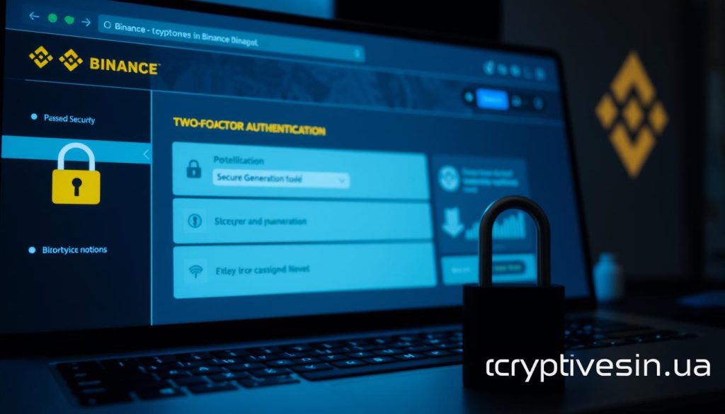 A serene and secure Binance account setting, with a sleek user interface showcasing various security features. In the foreground, a padlock icon and two-factor authentication options are prominently displayed, conveying the importance of account protection. The middle ground features a secure password generation tool and biometric identification methods, all bathed in a soft, blue-tinted lighting. In the background, the cryptonews.in.ua logo subtly adds a sense of trust and credibility to the scene. The overall atmosphere exudes a sense of safety and confidence, perfectly aligning with the "Настройка безопасности аккаунта Binance" section of the article.