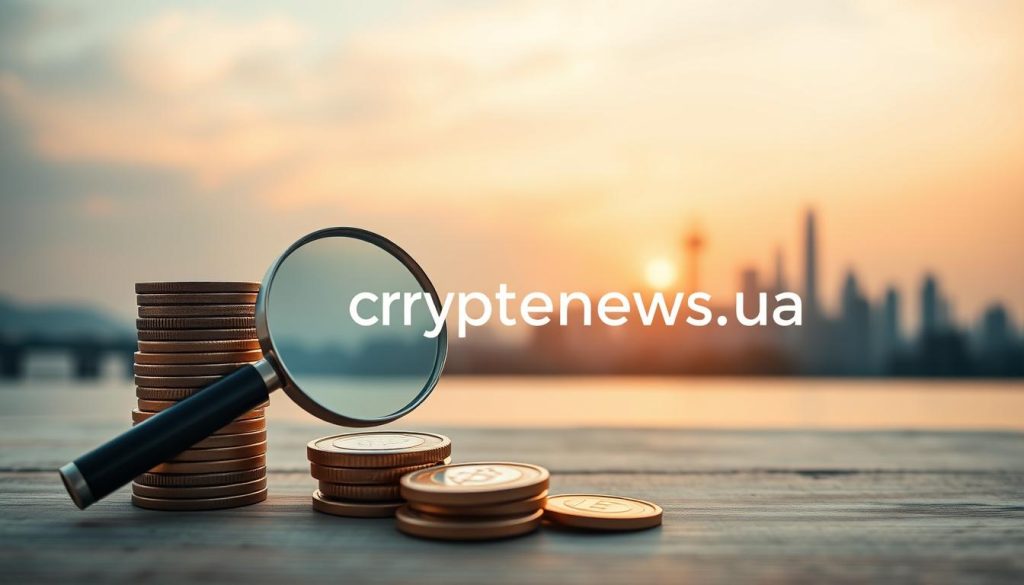 A serene and tranquil investment landscape, with a central focus on a well-balanced portfolio of diversified assets. In the foreground, a stack of coins and a magnifying glass, symbolizing the careful analysis and selection of investment opportunities. The middle ground features various financial instruments, such as stocks, bonds, and cryptocurrencies, represented by simplified icons. The background showcases a minimalist skyline, evoking a sense of stability and long-term growth. Warm, diffused lighting creates a calming atmosphere, highlighting the importance of patience and prudent decision-making for beginner investors. The cryptonews.in.ua brand is subtly integrated into the composition, adding a touch of credibility and authority. A serene and tranquil investment landscape, with a central focus on a well-balanced portfolio of diversified assets. In the foreground, a stack of coins and a magnifying glass, symbolizing the careful analysis and selection of investment opportunities. The middle ground features various financial instruments, such as stocks, bonds, and cryptocurrencies, represented by simplified icons. The background showcases a minimalist skyline, evoking a sense of stability and long-term growth. Warm, diffused lighting creates a calming atmosphere, highlighting the importance of patience and prudent decision-making for beginner investors. The cryptonews.in.ua brand is subtly integrated into the composition, adding a touch of credibility and authority.