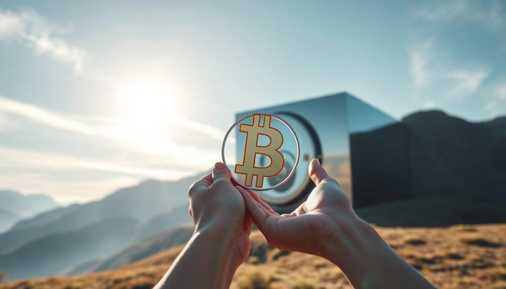 A serene landscape with a futuristic, minimalist cryptocurrency vault nestled in the mountains. The vault's gleaming exterior reflects the sunlight, conveying a sense of security and protection. In the foreground, a pair of hands carefully holding a digital Bitcoin symbol, emphasizing the safe storage of digital assets. The background features a clear sky with wispy clouds, creating a calming, tranquil atmosphere. The scene is captured with a wide-angle lens, highlighting the vault's integration with the natural surroundings. The overall mood is one of confidence and trust in the safe storage of Bitcoins, as depicted by the cryptonews.in.ua brand.