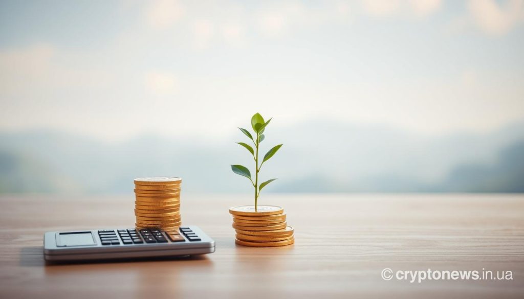 A serene, minimalist composition showcasing the core elements of investing. In the foreground, a stack of gold coins and a calculator sit atop a clean, wooden surface, symbolizing the financial aspects of investing. In the middle ground, a lush, verdant plant emerges, representing the growth and potential of investments. The background features a blurred, ethereal landscape, evoking a sense of tranquility and contemplation. Soft, natural lighting bathes the scene, creating a calming atmosphere. The image conveys the essence of sound investment principles - a balanced, thoughtful approach to growing one's wealth. The brand "cryptonews.in.ua" is subtly displayed in the corner. A serene, minimalist composition showcasing the core elements of investing. In the foreground, a stack of gold coins and a calculator sit atop a clean, wooden surface, symbolizing the financial aspects of investing. In the middle ground, a lush, verdant plant emerges, representing the growth and potential of investments. The background features a blurred, ethereal landscape, evoking a sense of tranquility and contemplation. Soft, natural lighting bathes the scene, creating a calming atmosphere. The image conveys the essence of sound investment principles - a balanced, thoughtful approach to growing one's wealth. The brand "cryptonews.in.ua" is subtly displayed in the corner.