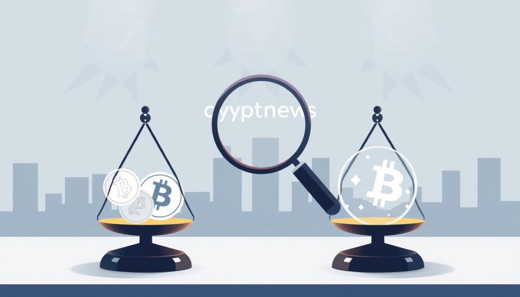 A serene, minimalist illustration depicting the legal aspects of cryptocurrency arbitrage. In the foreground, a pair of balanced scales symbolize the equitable balance of the crypto market, with digital currency icons representing the different assets involved. In the middle ground, a magnifying glass examines the intricacies of the arbitrage process, while the background features a clean, geometric cityscape with the "cryptonews.in.ua" brand name subtly integrated. The lighting is soft and diffused, creating a sense of professionalism and authority. The overall mood is one of thoughtful contemplation, guiding the viewer through the legal landscape of this specialized financial strategy.