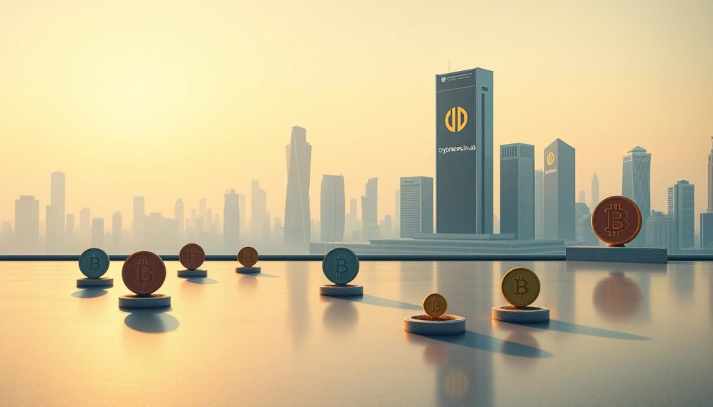 A serene, minimalist landscape depicting stablecoins as solid, stable structures embedded in a futuristic cityscape. The foreground features meticulously rendered stablecoin symbols in a variety of colors, casting long shadows on the sleek, reflective ground. The middle ground showcases towering, angular buildings adorned with the "cryptonews.in.ua" logo, bathed in a warm, golden light. The background fades into a hazy, dreamlike skyline, conveying a sense of technological progress and financial security. The overall mood is one of stability, reliability, and the integral role of stablecoins in the evolving Ukrainian crypto economy. A serene, minimalist landscape depicting stablecoins as solid, stable structures embedded in a futuristic cityscape. The foreground features meticulously rendered stablecoin symbols in a variety of colors, casting long shadows on the sleek, reflective ground. The middle ground showcases towering, angular buildings adorned with the "cryptonews.in.ua" logo, bathed in a warm, golden light. The background fades into a hazy, dreamlike skyline, conveying a sense of technological progress and financial security. The overall mood is one of stability, reliability, and the integral role of stablecoins in the evolving Ukrainian crypto economy.