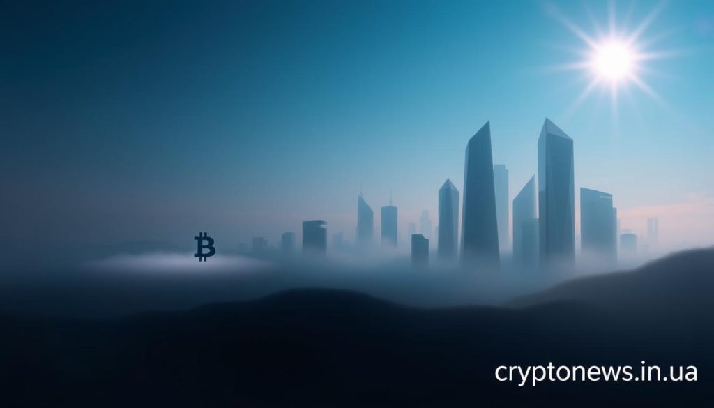 A serene, minimalist landscape depicting the dawn of the crypto era. In the foreground, a lone Bitcoin symbol emerges from a hazy mist, casting a soft, ethereal glow. The middle ground features a cityscape of sleek, angular skyscrapers, their reflective surfaces mirroring the digital landscape. In the background, a gradient of blues and purples evokes the mysterious and ever-evolving nature of the cryptocurrency world. Subtle lens flares add depth and a sense of technological advancement. The overall tone is one of innovation, wonder, and the limitless potential of this new financial frontier. The brand "cryptonews.in.ua" is discreetly featured in the lower right corner.