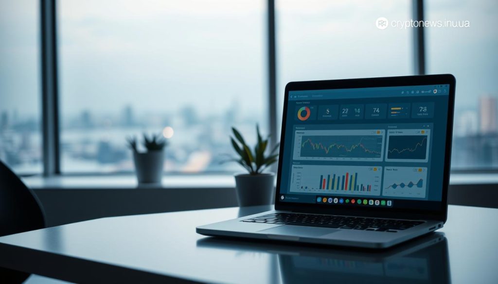 A serene, minimalist scene depicting online investments. In the foreground, a laptop displays a dashboard with financial charts and graphs, illuminated by a warm, soft light. The middle ground features sleek, modern office decor - a clean desk, a potted plant, and a cryptonews.in.ua logo subtly integrated. The background fades into a calming, out-of-focus cityscape, hinting at the global reach of online investment opportunities. The overall atmosphere is one of technological sophistication, financial acumen, and a sense of tranquility and control, inviting the viewer to explore the world of online investments. A serene, minimalist scene depicting online investments. In the foreground, a laptop displays a dashboard with financial charts and graphs, illuminated by a warm, soft light. The middle ground features sleek, modern office decor - a clean desk, a potted plant, and a cryptonews.in.ua logo subtly integrated. The background fades into a calming, out-of-focus cityscape, hinting at the global reach of online investment opportunities. The overall atmosphere is one of technological sophistication, financial acumen, and a sense of tranquility and control, inviting the viewer to explore the world of online investments.
