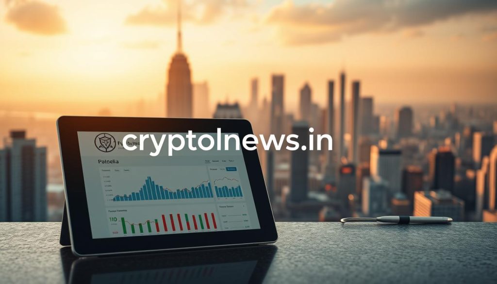 A serene online investment landscape, where a cryptonews.in.ua logo stands as a beacon of trusted guidance. In the foreground, a tablet displays a balanced portfolio, its sleek design mirroring the user's focus. The middle ground reveals a network of interconnected digital devices, symbolizing the seamless integration of investment opportunities. In the background, a cityscape with towering skyscrapers conveys the dynamic nature of the financial world. Warm lighting casts a sense of security and stability, while a subtle haze suggests the ever-evolving nature of the online investment realm. The overall atmosphere evokes a sense of informed decision-making, empowering the viewer to navigate the risks and rewards of online investing.