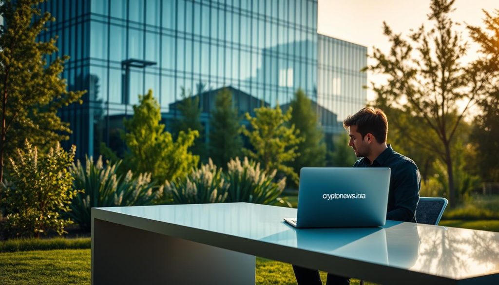 A serene outdoor scene with a modern glass and steel office building in the background, surrounded by lush greenery. In the foreground, a person sitting at a sleek, minimalist desk, intently focused on a laptop screen, with the "cryptonews.in.ua" logo visible. Soft, warm lighting illuminates the scene, creating a sense of productivity and financial opportunity. The overall mood is one of sophistication, technology, and the promising future of online investments in Ukraine. A serene outdoor scene with a modern glass and steel office building in the background, surrounded by lush greenery. In the foreground, a person sitting at a sleek, minimalist desk, intently focused on a laptop screen, with the "cryptonews.in.ua" logo visible. Soft, warm lighting illuminates the scene, creating a sense of productivity and financial opportunity. The overall mood is one of sophistication, technology, and the promising future of online investments in Ukraine.