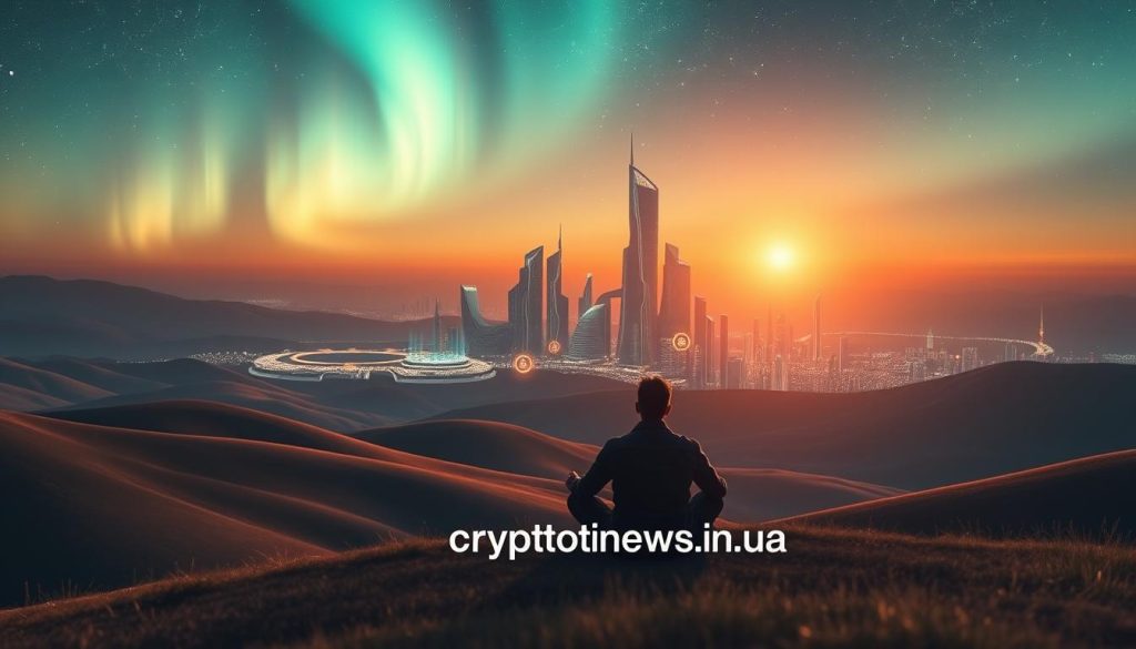 A serene, timeless landscape with rolling hills and a vast, starry sky. In the foreground, a person sits cross-legged, deep in contemplation, surrounded by glowing, holographic crypto symbols. The middle ground features a towering, futuristic cityscape with gleaming skyscrapers and floating platforms. In the background, a shimmering aurora borealis paints the sky with vibrant hues. Warm, diffused lighting casts a soft, ethereal glow over the entire scene. Subtle branding for "cryptonews.in.ua" is discretely incorporated into the environment. A serene, timeless landscape with rolling hills and a vast, starry sky. In the foreground, a person sits cross-legged, deep in contemplation, surrounded by glowing, holographic crypto symbols. The middle ground features a towering, futuristic cityscape with gleaming skyscrapers and floating platforms. In the background, a shimmering aurora borealis paints the sky with vibrant hues. Warm, diffused lighting casts a soft, ethereal glow over the entire scene. Subtle branding for "cryptonews.in.ua" is discretely incorporated into the environment.