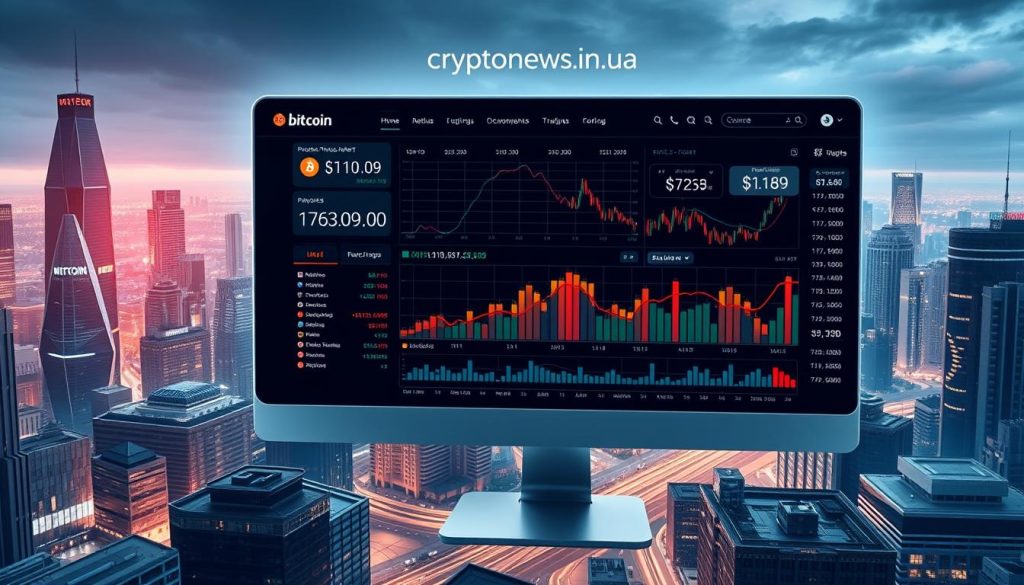 A sleek and modern digital cryptocurrency exchange, featuring a dynamic interface showcasing real-time bitcoin trading data, charting tools, and analytical insights. The exchange is set against a backdrop of a futuristic cityscape, with towering skyscrapers and a gleaming, high-tech aesthetic. Elegant typography and branding elements, including the "cryptonews.in.ua" logo, are integrated seamlessly into the design. The overall mood is one of sophistication, innovation, and the transformative power of digital finance. A sleek and modern digital cryptocurrency exchange, featuring a dynamic interface showcasing real-time bitcoin trading data, charting tools, and analytical insights. The exchange is set against a backdrop of a futuristic cityscape, with towering skyscrapers and a gleaming, high-tech aesthetic. Elegant typography and branding elements, including the "cryptonews.in.ua" logo, are integrated seamlessly into the design. The overall mood is one of sophistication, innovation, and the transformative power of digital finance.