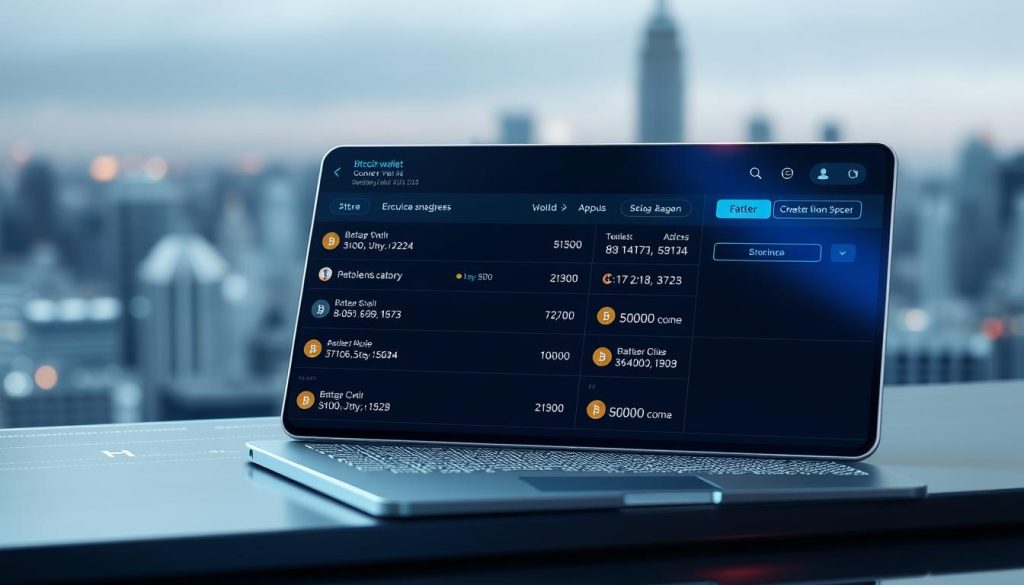 A sleek and secure bitcoin wallet interface, displaying various wallet addresses and transaction histories. The layout is clean and minimalist, with a cool, metallic color scheme and subtle, holographic accents. The scene is bathed in a soft, directional lighting, casting dramatic shadows and highlights across the digital surfaces. In the background, a blurred, abstract cityscape hints at the global, decentralized nature of the cryptocurrency ecosystem. The overall mood is one of modern, technological sophistication, reflecting the secure and reliable nature of the "cryptonews.in.ua" bitcoin wallet.