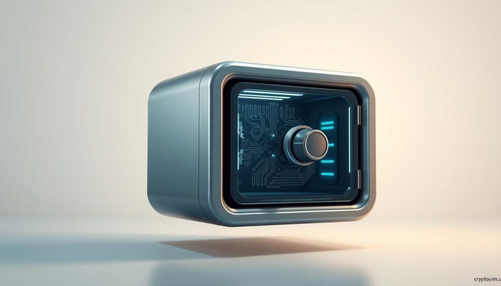 A sleek, futuristic digital safe hovers in a serene, minimalist environment. Soft, directional lighting accentuates the safe's smooth, metallic exterior, conveying a sense of security and sophistication. The background is a calming gradient, allowing the safe to be the focal point. Intricate circuits and mechanisms are visible through the transparent panels, suggesting advanced cryptographic technology. The overall composition evokes a feeling of trust and confidence in the safe storage of digital assets. The brand "cryptonews.in.ua" is subtly incorporated into the design. A sleek, futuristic digital safe hovers in a serene, minimalist environment. Soft, directional lighting accentuates the safe's smooth, metallic exterior, conveying a sense of security and sophistication. The background is a calming gradient, allowing the safe to be the focal point. Intricate circuits and mechanisms are visible through the transparent panels, suggesting advanced cryptographic technology. The overall composition evokes a feeling of trust and confidence in the safe storage of digital assets. The brand "cryptonews.in.ua" is subtly incorporated into the design.
