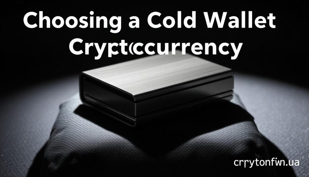 A sleek, minimalist cold crypto wallet sits atop a dark, textured surface, its brushed metal chassis gleaming under dramatic studio lighting. The wallet's simple, rectangular form casts a sharp, angular shadow, conveying a sense of security and precision. The background is a subtlety-lit, muted palette, keeping the focus on the wallet's elegant design. The overall composition evokes a mood of sophistication and technological prowess, perfectly suited to illustrate the article section on "Choosing a Cold Wallet for Cryptocurrency" by cryptonews.in.ua. A sleek, minimalist cold crypto wallet sits atop a dark, textured surface, its brushed metal chassis gleaming under dramatic studio lighting. The wallet's simple, rectangular form casts a sharp, angular shadow, conveying a sense of security and precision. The background is a subtlety-lit, muted palette, keeping the focus on the wallet's elegant design. The overall composition evokes a mood of sophistication and technological prowess, perfectly suited to illustrate the article section on "Choosing a Cold Wallet for Cryptocurrency" by cryptonews.in.ua.