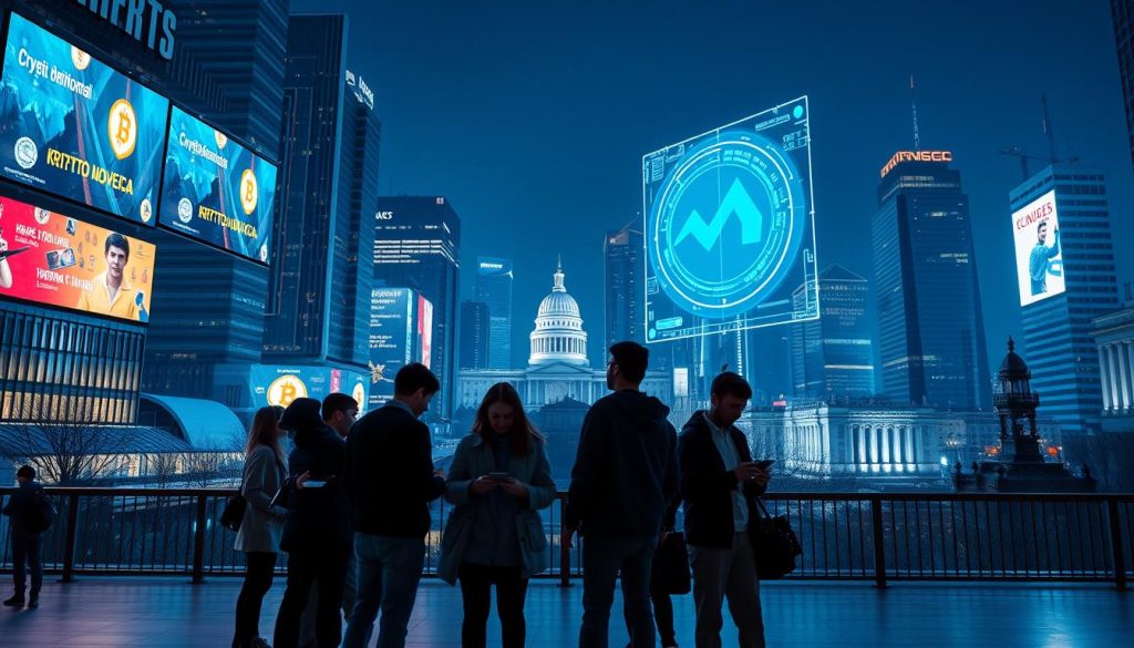 A sleek, modern cityscape at night, with towering skyscrapers and neon-lit billboards showcasing the latest "криптовалюта новости" from the cryptonews.in.ua platform. The scene is bathed in a cool, blue-tinted lighting, creating an atmosphere of technological innovation and financial progress. In the foreground, a group of young, tech-savvy individuals are gathered, intently studying their smartphones and tablets, discussing the latest developments in the cryptocurrency market. The middle ground features a large, holographic display projecting real-time data and insights, while the background is dominated by the silhouettes of government buildings, hinting at the regulatory landscape surrounding the digital currency industry. A sleek, modern cityscape at night, with towering skyscrapers and neon-lit billboards showcasing the latest "криптовалюта новости" from the cryptonews.in.ua platform. The scene is bathed in a cool, blue-tinted lighting, creating an atmosphere of technological innovation and financial progress. In the foreground, a group of young, tech-savvy individuals are gathered, intently studying their smartphones and tablets, discussing the latest developments in the cryptocurrency market. The middle ground features a large, holographic display projecting real-time data and insights, while the background is dominated by the silhouettes of government buildings, hinting at the regulatory landscape surrounding the digital currency industry.