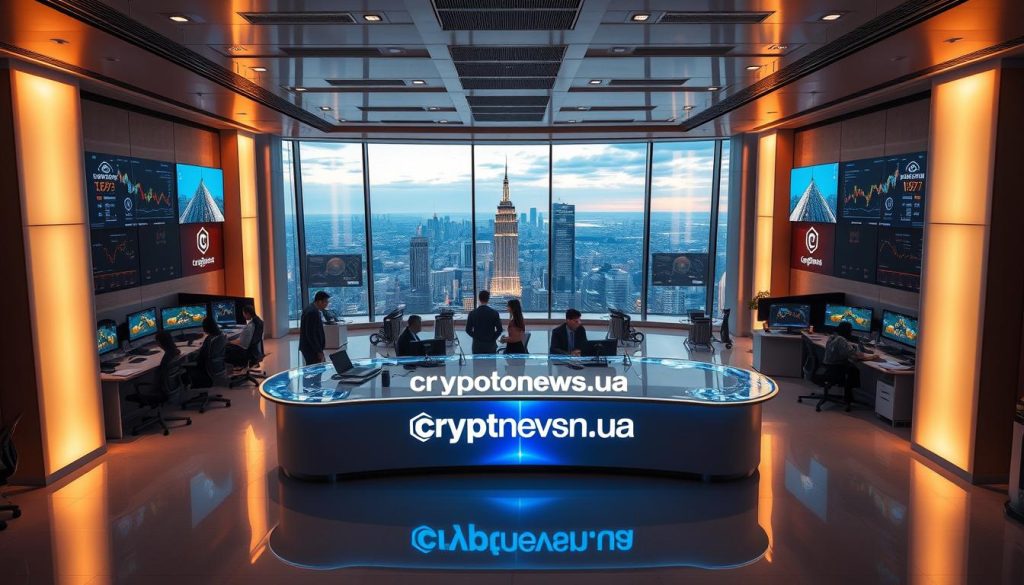 A sleek, modern cryptocurrency exchange office, filled with holographic displays, virtual trading terminals, and a clean, minimalist aesthetic. Spotlights bathe the space in a warm, inviting glow, casting dramatic shadows and highlighting the cutting-edge technology. At the center, a large, curved desk with the cryptonews.in.ua logo prominently displayed, surrounded by knowledgeable brokers assisting clients. In the background, a panoramic window offers a breathtaking cityscape, emphasizing the exchange's global reach and connectivity. The overall atmosphere is one of professionalism, innovation, and financial security, reflecting the trustworthiness and reliability of a top-tier cryptocurrency trading platform.