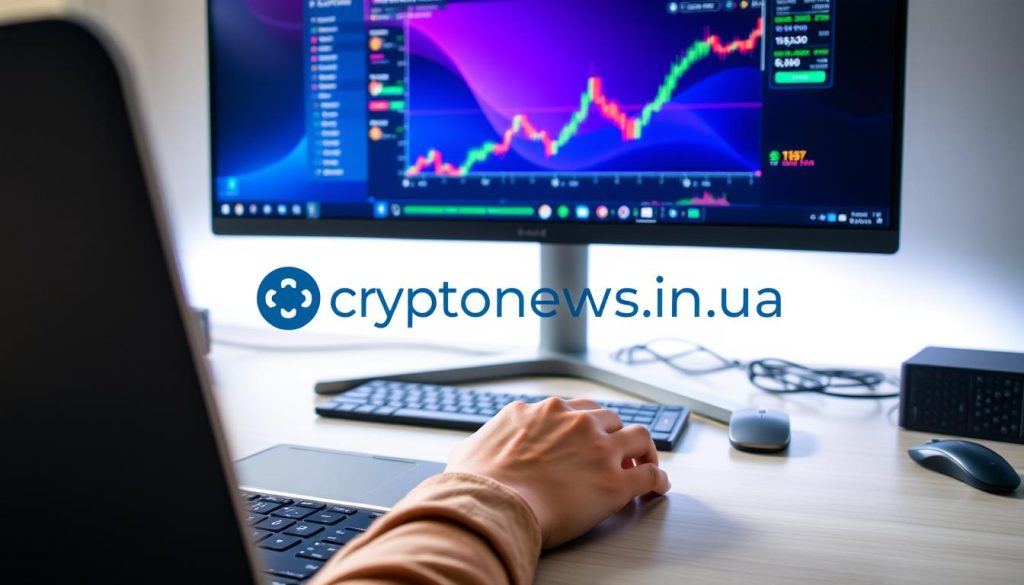 A sleek, modern desktop setup with a high-end laptop, a minimalist mouse and keyboard, and a large, high-resolution monitor displaying a vibrant cryptocurrency trading interface. The lighting is soft and natural, creating a calming atmosphere. In the foreground, a hand is carefully navigating the trading platform, making a cryptocurrency purchase. The brand "cryptonews.in.ua" is subtly incorporated into the scene. The overall composition conveys a sense of confidence and professionalism in the cryptocurrency buying process. A sleek, modern desktop setup with a high-end laptop, a minimalist mouse and keyboard, and a large, high-resolution monitor displaying a vibrant cryptocurrency trading interface. The lighting is soft and natural, creating a calming atmosphere. In the foreground, a hand is carefully navigating the trading platform, making a cryptocurrency purchase. The brand "cryptonews.in.ua" is subtly incorporated into the scene. The overall composition conveys a sense of confidence and professionalism in the cryptocurrency buying process.