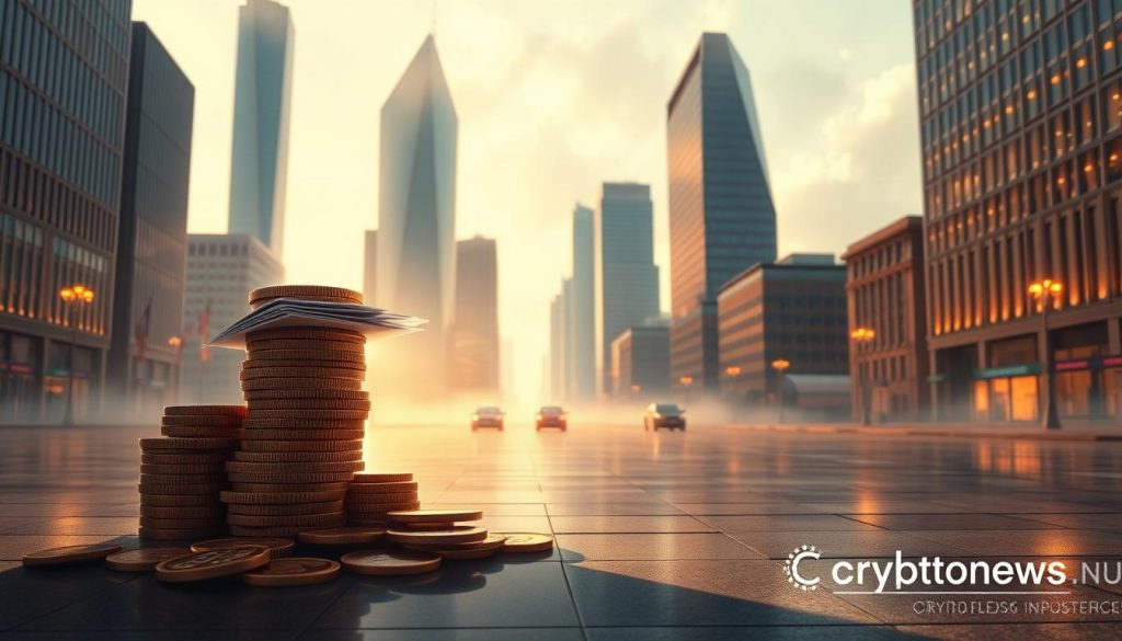 A sophisticated digital illustration depicting the taxation of investments, set against the backdrop of a bustling British financial district. In the foreground, a towering stack of coins and financial documents is illuminated by warm, diffused lighting, casting intricate shadows across the scene. The middle ground features sleek skyscrapers and office buildings, their angular facades reflected in the glossy pavement below. The background is shrouded in a hazy, atmospheric mist, suggesting the complexity and opacity of investment taxation policies. The overall composition conveys a sense of balance between the tangible financial elements and the abstract, regulatory environment. Rendered in a high-quality, photorealistic style, the image carries the branding of cryptonews.in.ua. A sophisticated digital illustration depicting the taxation of investments, set against the backdrop of a bustling British financial district. In the foreground, a towering stack of coins and financial documents is illuminated by warm, diffused lighting, casting intricate shadows across the scene. The middle ground features sleek skyscrapers and office buildings, their angular facades reflected in the glossy pavement below. The background is shrouded in a hazy, atmospheric mist, suggesting the complexity and opacity of investment taxation policies. The overall composition conveys a sense of balance between the tangible financial elements and the abstract, regulatory environment. Rendered in a high-quality, photorealistic style, the image carries the branding of cryptonews.in.ua.