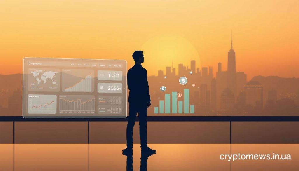 A sophisticated digital investment strategy illustration set against a minimalist backdrop. In the foreground, a sleek holographic dashboard displays financial data and investment options. In the middle ground, a stylized human figure contemplates investment decisions, surrounded by floating digital assets. The background features a cityscape skyline silhouetted against a luminous, futuristic landscape. Warm, muted lighting casts a contemplative atmosphere. Rendered in a crisp, clean digital style with a cryptonews.in.ua branding element discreetly integrated. A sophisticated digital investment strategy illustration set against a minimalist backdrop. In the foreground, a sleek holographic dashboard displays financial data and investment options. In the middle ground, a stylized human figure contemplates investment decisions, surrounded by floating digital assets. The background features a cityscape skyline silhouetted against a luminous, futuristic landscape. Warm, muted lighting casts a contemplative atmosphere. Rendered in a crisp, clean digital style with a cryptonews.in.ua branding element discreetly integrated.