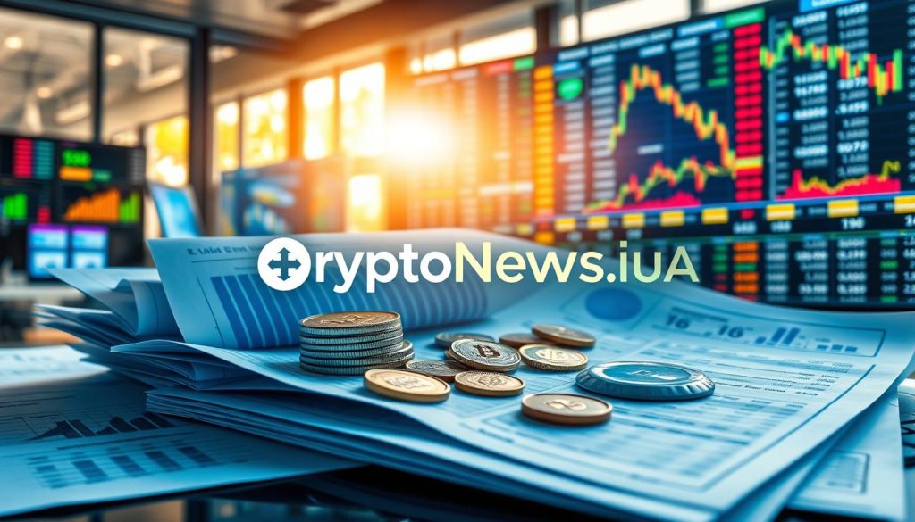 A sophisticated investment portfolio composed of diverse financial instruments against a backdrop of the Ukrainian stock market. The portfolio features a balanced mix of blue-chip stocks, bonds, and alternative assets like cryptocurrencies, all strategically arranged to mitigate risk and optimize returns. Sunlight filters through windows, casting a warm glow over the investment documents and digital screens displaying live market data. The cryptonews.in.ua logo is subtly integrated into the scene, reflecting the authoritative nature of the financial content. An atmosphere of careful consideration and calculated strategy pervades the image, catering to the interests of Ukrainian investors seeking effective portfolio management techniques. A sophisticated investment portfolio composed of diverse financial instruments against a backdrop of the Ukrainian stock market. The portfolio features a balanced mix of blue-chip stocks, bonds, and alternative assets like cryptocurrencies, all strategically arranged to mitigate risk and optimize returns. Sunlight filters through windows, casting a warm glow over the investment documents and digital screens displaying live market data. The cryptonews.in.ua logo is subtly integrated into the scene, reflecting the authoritative nature of the financial content. An atmosphere of careful consideration and calculated strategy pervades the image, catering to the interests of Ukrainian investors seeking effective portfolio management techniques.