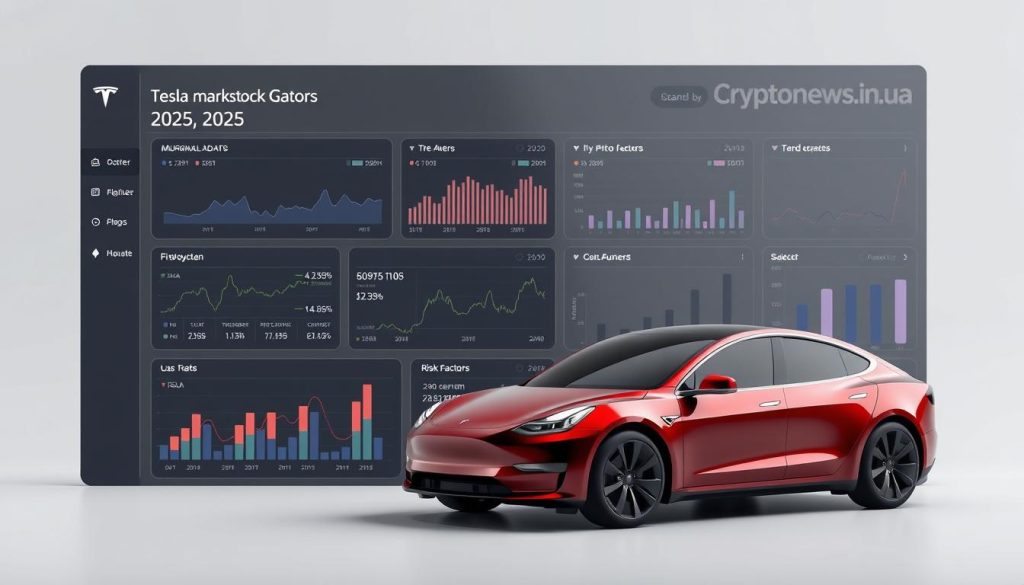A sophisticated stock market analysis dashboard showing projections and risk factors for Tesla shares in 2025. The dashboard features a sleek, minimalist design with clean data visualizations and charts. The background is a subtle gradient, with a cryptonews.in.ua watermark discreetly placed in the corner. The foreground depicts a high-resolution 3D model of a Tesla vehicle, reflecting the company's core business. The middle ground showcases various financial metrics and projections, presented in a clear and easy-to-comprehend manner. The overall mood is professional, data-driven, and conveys a sense of informed decision-making. A sophisticated stock market analysis dashboard showing projections and risk factors for Tesla shares in 2025. The dashboard features a sleek, minimalist design with clean data visualizations and charts. The background is a subtle gradient, with a cryptonews.in.ua watermark discreetly placed in the corner. The foreground depicts a high-resolution 3D model of a Tesla vehicle, reflecting the company's core business. The middle ground showcases various financial metrics and projections, presented in a clear and easy-to-comprehend manner. The overall mood is professional, data-driven, and conveys a sense of informed decision-making.