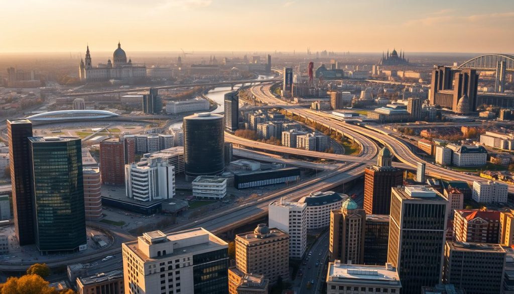 A sprawling cityscape of Kyiv, Ukraine, bathed in warm, golden sunlight. In the foreground, a bustling financial district with towering skyscrapers and gleaming glass facades. In the middle ground, a network of modern infrastructure - highways, bridges, and public transportation. In the background, the iconic domes and spires of historic landmarks punctuate the skyline. The scene conveys a sense of dynamic growth and economic vitality, reflecting the current state of investment in Ukraine. Cryptonews.in.ua