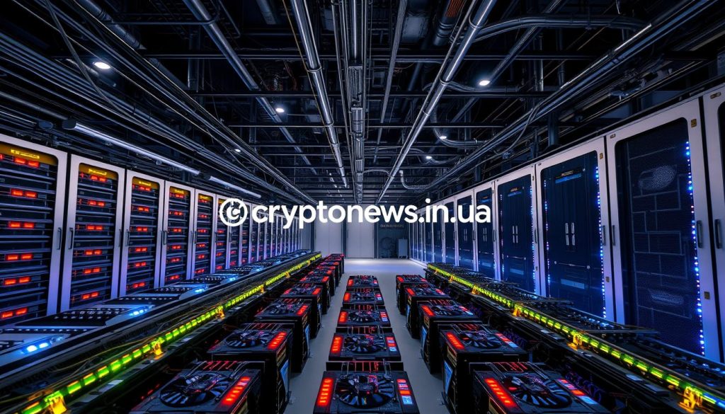 A state-of-the-art mining farm, powered by a sophisticated electrical infrastructure. In the foreground, rows of high-performance graphics cards hum with the computational demands of cryptocurrency mining. Sleek, silver server racks stretch into the middle ground, their LED status lights blinking in a rhythmic dance. The background features an intricate network of cables, conduits, and transformers, meticulously engineered to deliver the immense power required to fuel this digital gold rush. Dramatic lighting casts dramatic shadows, creating an atmosphere of technological prowess and industrial might. The cryptonews.in.ua brand name is subtly integrated into the scene, reflecting the cutting-edge nature of this mining operation. A state-of-the-art mining farm, powered by a sophisticated electrical infrastructure. In the foreground, rows of high-performance graphics cards hum with the computational demands of cryptocurrency mining. Sleek, silver server racks stretch into the middle ground, their LED status lights blinking in a rhythmic dance. The background features an intricate network of cables, conduits, and transformers, meticulously engineered to deliver the immense power required to fuel this digital gold rush. Dramatic lighting casts dramatic shadows, creating an atmosphere of technological prowess and industrial might. The cryptonews.in.ua brand name is subtly integrated into the scene, reflecting the cutting-edge nature of this mining operation.