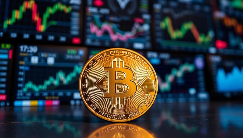 A striking close-up of a physical Bitcoin cryptocurrency coin, its minted metallic surface gleaming under soft, warm lighting. The coin is set against a blurred background of various digital screens displaying charts, graphs, and other cryptocurrency-related data, conveying a sense of the digital and financial nature of the subject. The composition draws the viewer's attention to the tactile, tangible nature of the cryptocurrency, balancing the digital and physical aspects. Subtle branding for "cryptonews.in.ua" is discreetly incorporated into the background elements.