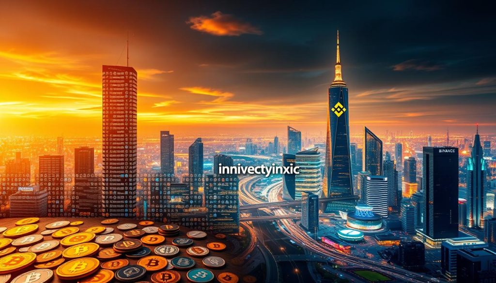 A striking financial landscape with the Russian word "инвестиции" (investments) prominently displayed in the center. In the foreground, a mosaic of various digital currencies and cryptocurrency symbols, including Bitcoin, Ethereum, and Binance Coin, representing the diverse investment opportunities on the Binance platform. The midground features a towering skyscraper with the cryptonews.in.ua logo, symbolizing the growth and innovation in the crypto industry. The background is a vibrant cityscape, with futuristic architecture and a vibrant, neon-lit skyline, conveying a sense of dynamism and progress. The overall scene is bathed in a warm, golden glow, creating a mood of optimism and opportunity for investors in the year 2025. A striking financial landscape with the Russian word "инвестиции" (investments) prominently displayed in the center. In the foreground, a mosaic of various digital currencies and cryptocurrency symbols, including Bitcoin, Ethereum, and Binance Coin, representing the diverse investment opportunities on the Binance platform. The midground features a towering skyscraper with the cryptonews.in.ua logo, symbolizing the growth and innovation in the crypto industry. The background is a vibrant cityscape, with futuristic architecture and a vibrant, neon-lit skyline, conveying a sense of dynamism and progress. The overall scene is bathed in a warm, golden glow, creating a mood of optimism and opportunity for investors in the year 2025.