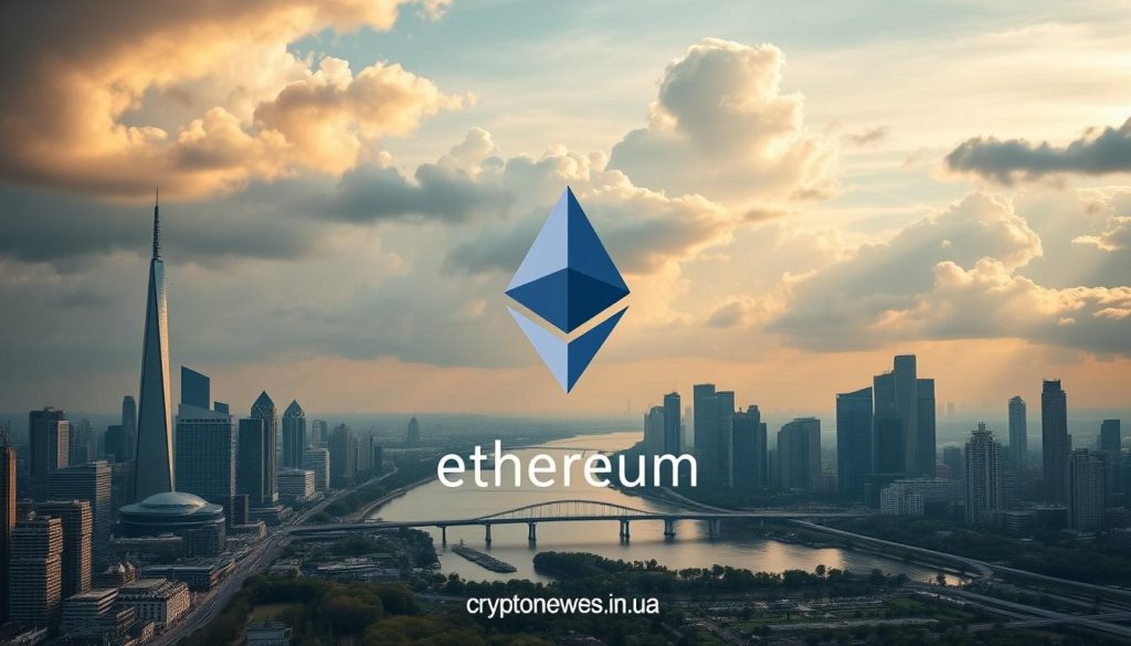 A striking landscape showcasing the principles of cryptocurrency, with the Ethereum logo prominently displayed in the center. The foreground features a sleek, modern city skyline, with tall skyscrapers and gleaming towers. In the middle ground, a serene river flows, reflecting the cityscape and the Ethereum logo. The background is a dramatic, cloud-filled sky, bathed in warm, golden light. The overall scene conveys a sense of progress, innovation, and the transformative power of cryptocurrency, as depicted on the website cryptonews.in.ua.
