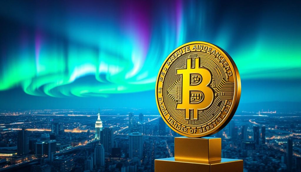 A stunning, detailed illustration of the iconic Bitcoin cryptocurrency symbol, rendered with precision and elegance. The Bitcoin "B" logo stands prominently in the foreground, its metallic edges gleaming under strategically placed studio lighting. The middle ground features a panoramic view of a bustling cityscape, representing the global reach and adoption of Bitcoin. In the background, a vibrant aurora borealis swirls, casting an ethereal glow that evokes the digital, decentralized nature of the cryptocurrency. The overall composition conveys a sense of power, innovation, and the unstoppable growth of Bitcoin. Cryptonews.in.ua