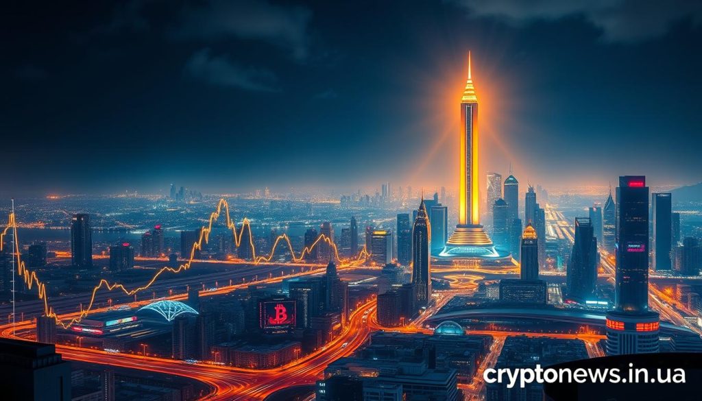 A sweeping landscape depicting the history of Bitcoin's price, set against a backdrop of futuristic cityscapes and dynamic charts. In the foreground, a line graph charts the dramatic rises and falls of the cryptocurrency's value, with key milestones and events highlighted. The middle ground features a cityscape of gleaming skyscrapers and neon-lit streets, symbolizing the integration of Bitcoin into the global financial system. In the distance, a towering digital monument stands as a testament to the revolutionary impact of Bitcoin, casting a warm glow over the scene. The overall mood is one of technological progress and financial innovation, captured through a cinematic, large-format composition. The image bears the cryptonews.in.ua logo in the lower right corner. A sweeping landscape depicting the history of Bitcoin's price, set against a backdrop of futuristic cityscapes and dynamic charts. In the foreground, a line graph charts the dramatic rises and falls of the cryptocurrency's value, with key milestones and events highlighted. The middle ground features a cityscape of gleaming skyscrapers and neon-lit streets, symbolizing the integration of Bitcoin into the global financial system. In the distance, a towering digital monument stands as a testament to the revolutionary impact of Bitcoin, casting a warm glow over the scene. The overall mood is one of technological progress and financial innovation, captured through a cinematic, large-format composition. The image bears the cryptonews.in.ua logo in the lower right corner.