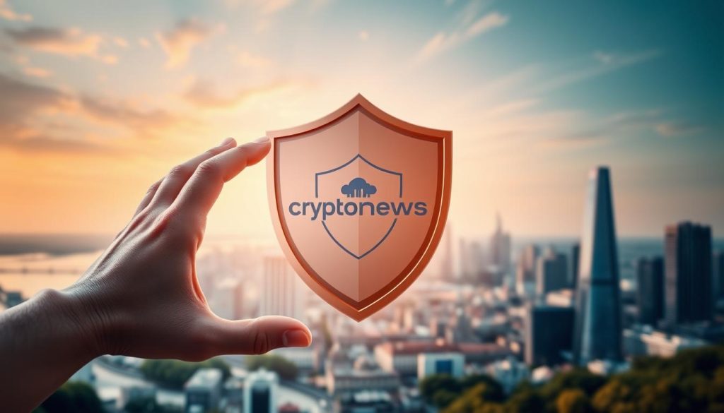A tranquil financial landscape, where a sturdy shield emblazoned with the cryptonews.in.ua logo stands as a symbol of investment protection. In the foreground, a hand gently caresses the shield, conveying a sense of security and confidence. The middle ground features a cityscape, with skyscrapers and bustling activity, hinting at the dynamic world of investments. The background is bathed in a warm, golden light, creating an atmosphere of stability and prosperity. The overall scene evokes a sense of safeguarding one's hard-earned assets, empowering the viewer to navigate the intricacies of the online investment landscape. A tranquil financial landscape, where a sturdy shield emblazoned with the cryptonews.in.ua logo stands as a symbol of investment protection. In the foreground, a hand gently caresses the shield, conveying a sense of security and confidence. The middle ground features a cityscape, with skyscrapers and bustling activity, hinting at the dynamic world of investments. The background is bathed in a warm, golden light, creating an atmosphere of stability and prosperity. The overall scene evokes a sense of safeguarding one's hard-earned assets, empowering the viewer to navigate the intricacies of the online investment landscape.