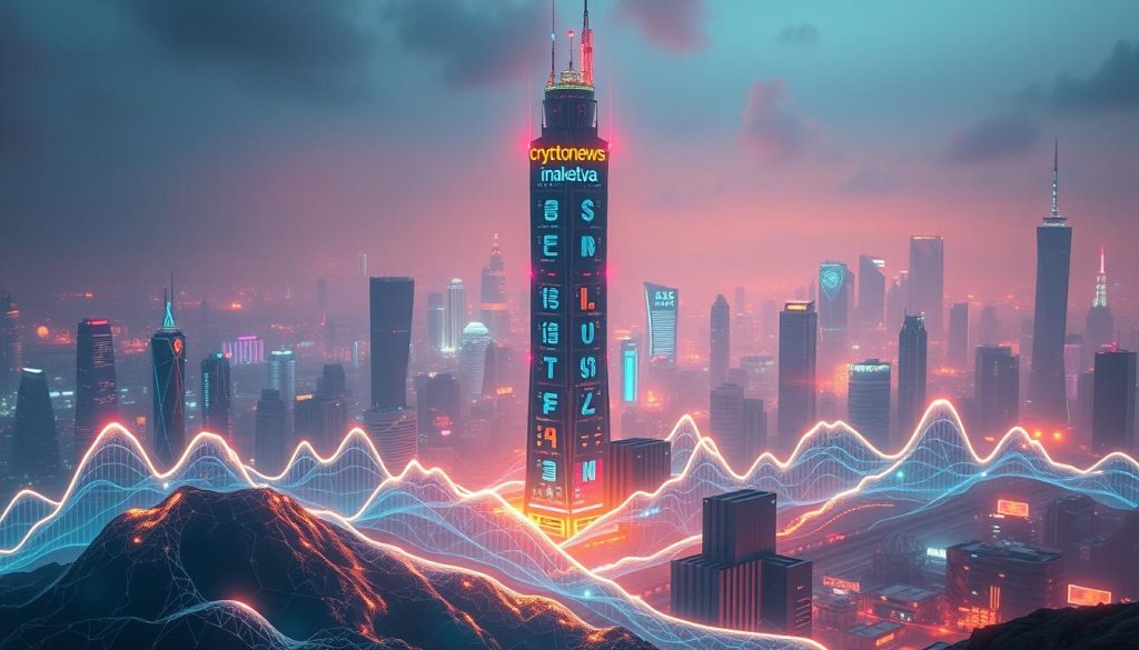 A vast, cyberpunk-inspired landscape showcases the cyclical nature of the cryptocurrency market. In the foreground, a dynamic visualization depicts the peaks and troughs, ebbs and flows, represented by glowing, holographic shapes that pulsate with energy. In the middle ground, a towering data tower, adorned with the "cryptonews.in.ua" brand, rises up, its screens displaying real-time market data and trends. The background is a hazy, neon-lit city, with skyscrapers and futuristic architecture, reflecting the technological innovation that underpins the cryptocurrency ecosystem. The overall mood is one of dynamism, complexity, and the constant evolution of the crypto landscape. A vast, cyberpunk-inspired landscape showcases the cyclical nature of the cryptocurrency market. In the foreground, a dynamic visualization depicts the peaks and troughs, ebbs and flows, represented by glowing, holographic shapes that pulsate with energy. In the middle ground, a towering data tower, adorned with the "cryptonews.in.ua" brand, rises up, its screens displaying real-time market data and trends. The background is a hazy, neon-lit city, with skyscrapers and futuristic architecture, reflecting the technological innovation that underpins the cryptocurrency ecosystem. The overall mood is one of dynamism, complexity, and the constant evolution of the crypto landscape.