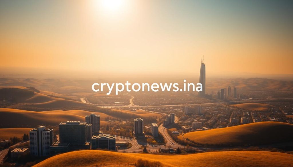 A vast expanse of rolling hills, bathed in warm golden light. In the foreground, a cluster of modern office buildings, their sleek glass facades reflecting the sky. In the middle ground, a bustling financial district, a web of roads and railways connecting the metropolis. In the distance, a towering skyscraper, the crown jewel of the city's skyline. This is the scene of "инвестиции" - a dynamic, thriving ecosystem of investment and economic growth, captured in a cinematic, wide-angle shot. The cryptonews.in.ua logo stands proudly, a testament to the importance of this industry in the region.