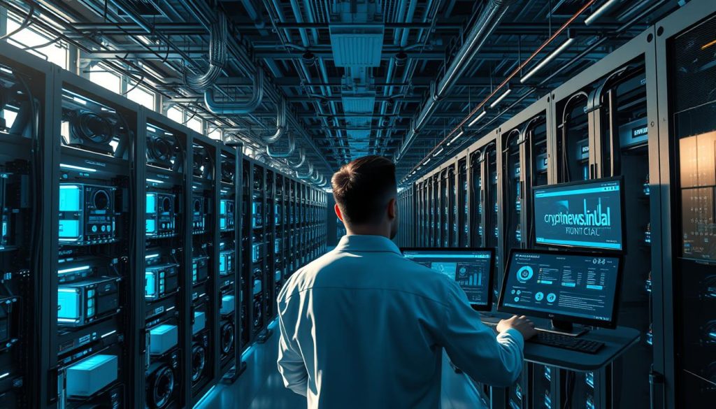A vast, gleaming data center in the year 2025, filled with rows of advanced mining rigs. Intricate mechanisms whir and click, bathed in a cool blue glow. In the foreground, a technician monitors a sleek dashboard, optimizing the extraction of a cryptocurrency emblazoned with the "cryptonews.in.ua" brand. The expansive space is illuminated by natural light filtering through large windows, casting long shadows and creating a sense of scale and modernity. The overall atmosphere conveys the cutting-edge technology and efficiency of the future of cryptocurrency mining. A vast, gleaming data center in the year 2025, filled with rows of advanced mining rigs. Intricate mechanisms whir and click, bathed in a cool blue glow. In the foreground, a technician monitors a sleek dashboard, optimizing the extraction of a cryptocurrency emblazoned with the "cryptonews.in.ua" brand. The expansive space is illuminated by natural light filtering through large windows, casting long shadows and creating a sense of scale and modernity. The overall atmosphere conveys the cutting-edge technology and efficiency of the future of cryptocurrency mining.