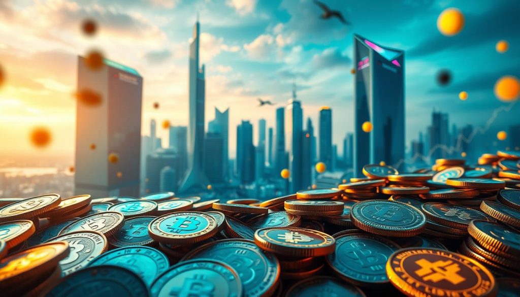 A vibrant and dynamic crypto market, with digital currencies and blockchain technology taking center stage. In the foreground, a cascading array of virtual coins, their surfaces reflecting the ever-changing market trends. In the middle ground, a sleek, modern cityscape with towering skyscrapers, symbolizing the integration of crypto into the global financial landscape. The background is illuminated by a futuristic, neon-tinged sky, hinting at the boundless potential of this emerging digital economy. The overall atmosphere exudes a sense of innovation, progress, and the transformative power of cryptonews.in.ua. A vibrant and dynamic crypto market, with digital currencies and blockchain technology taking center stage. In the foreground, a cascading array of virtual coins, their surfaces reflecting the ever-changing market trends. In the middle ground, a sleek, modern cityscape with towering skyscrapers, symbolizing the integration of crypto into the global financial landscape. The background is illuminated by a futuristic, neon-tinged sky, hinting at the boundless potential of this emerging digital economy. The overall atmosphere exudes a sense of innovation, progress, and the transformative power of cryptonews.in.ua.